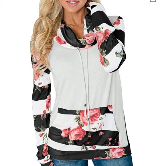 woman floral cowl neck sweatshirts w pocket - Picture 5 of 7